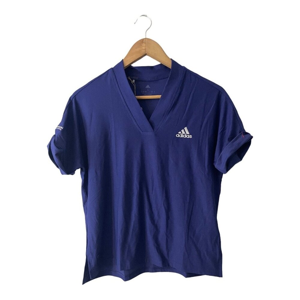 NWT Adidas Womens Blue V-Neck Golf Shirt Dustin Johnson Embroidered Size Small S